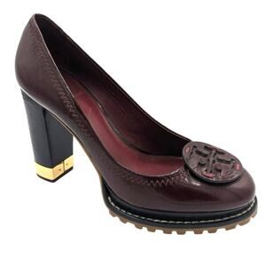 Tory Burch Leanne Burgundy Oxblood Patent Leather Emblem Stacked Heel Lug Sole 7